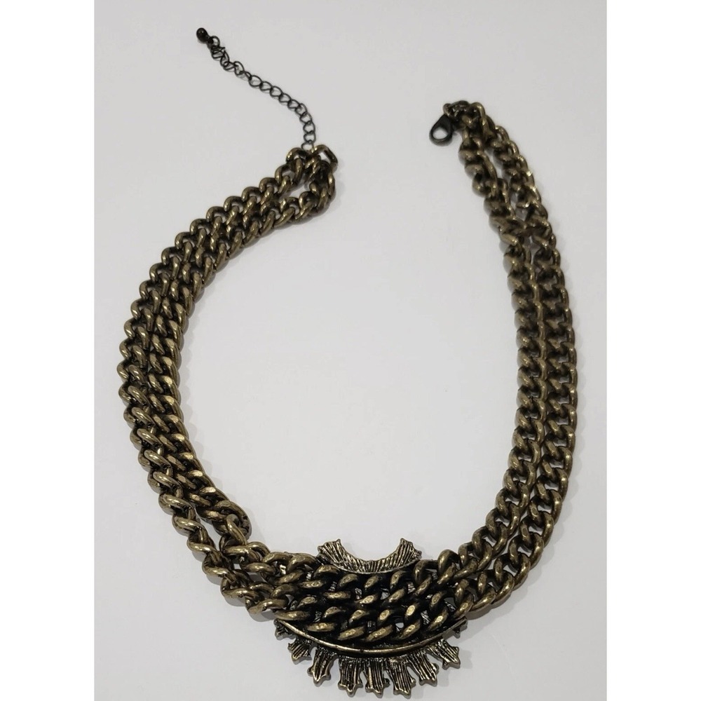 Vintage Womens Bronce Tone Double Chain Rhinestone Front Statement Necklace - Picture 9 of 12